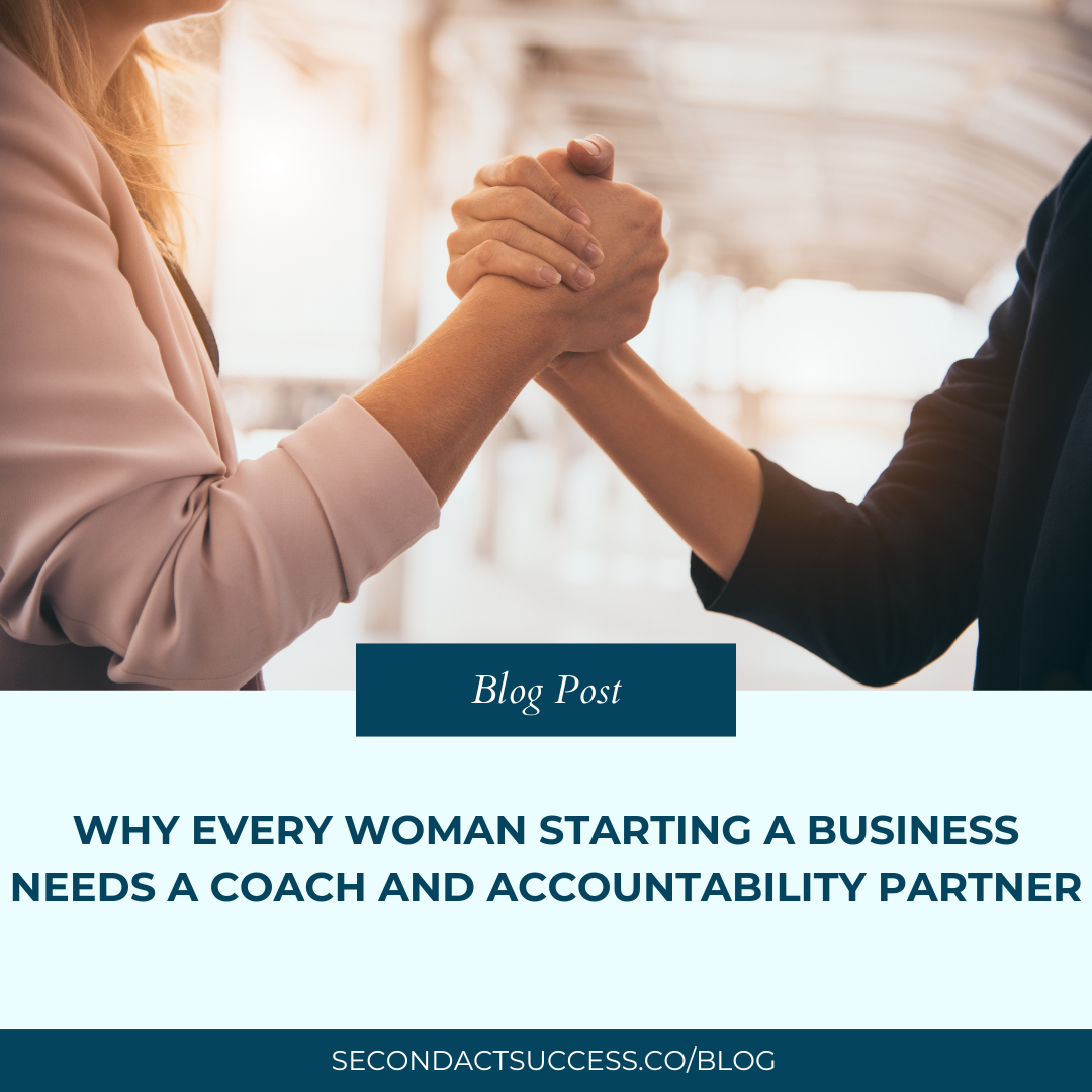 Why Every Woman Starting a Business Needs a Coach and Accountability Partner - Second Act Success Blog Post with business coach Shannon Russell - Two women handshaking